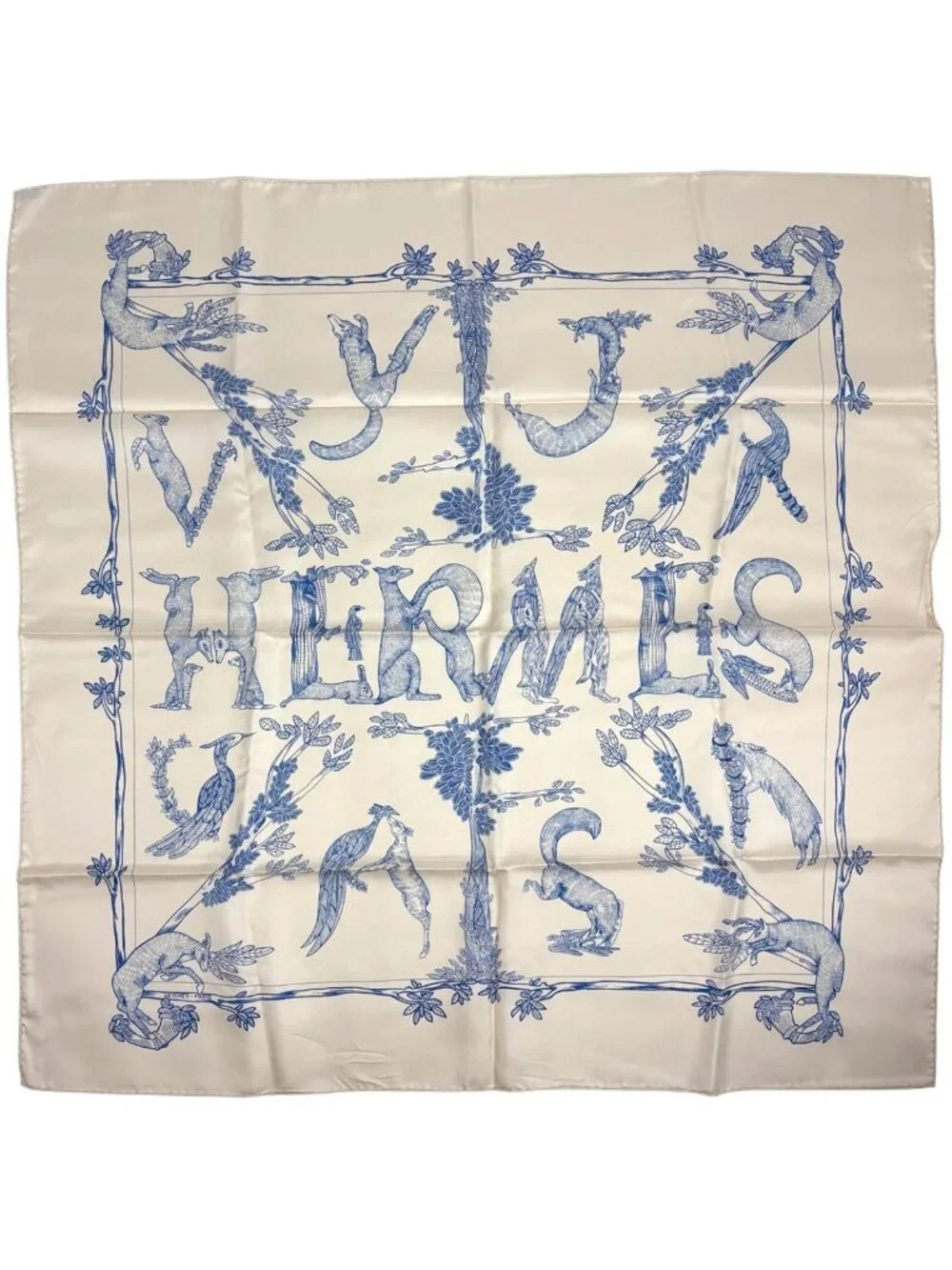 Hermes Carre 90 Animal Alphabet Scarf Silk Light Beige Blue
